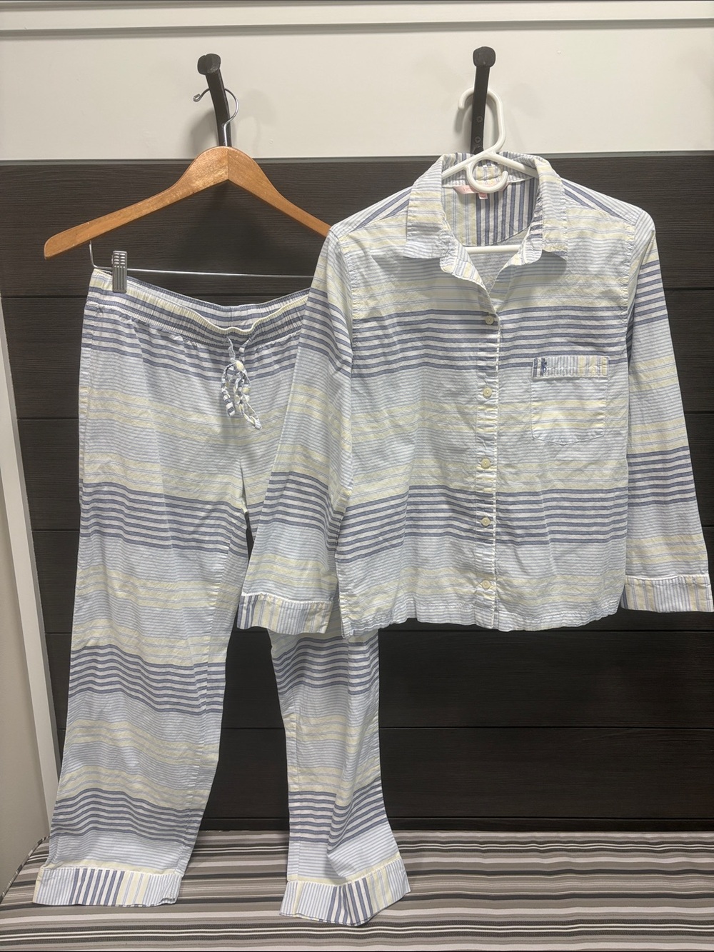 Victoria's Secret Blue and Yellow Striped Cotton Pajama Set
